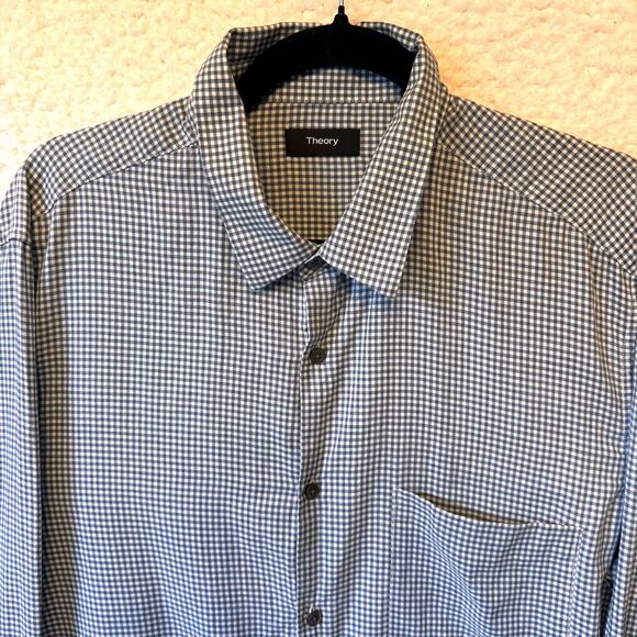 Theory Men's‎ Button Down Shirt XL Blue Gingham 100% Cotton Long Sleeve Collared - Picture 6 of 12